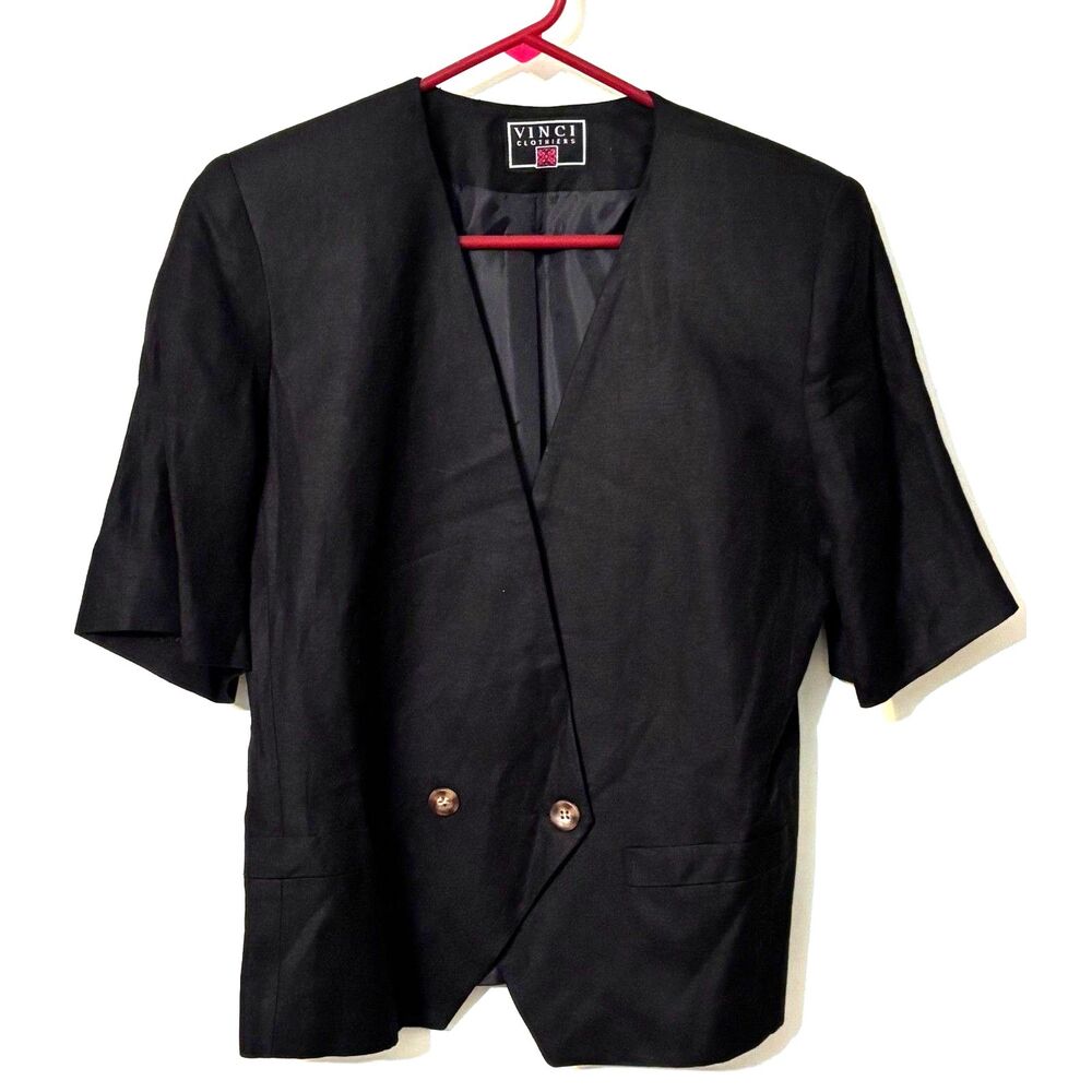 Vinci Clothiers Black Linen Rayon Blazer Jacket Sz 6 Shoulder Pads USA
